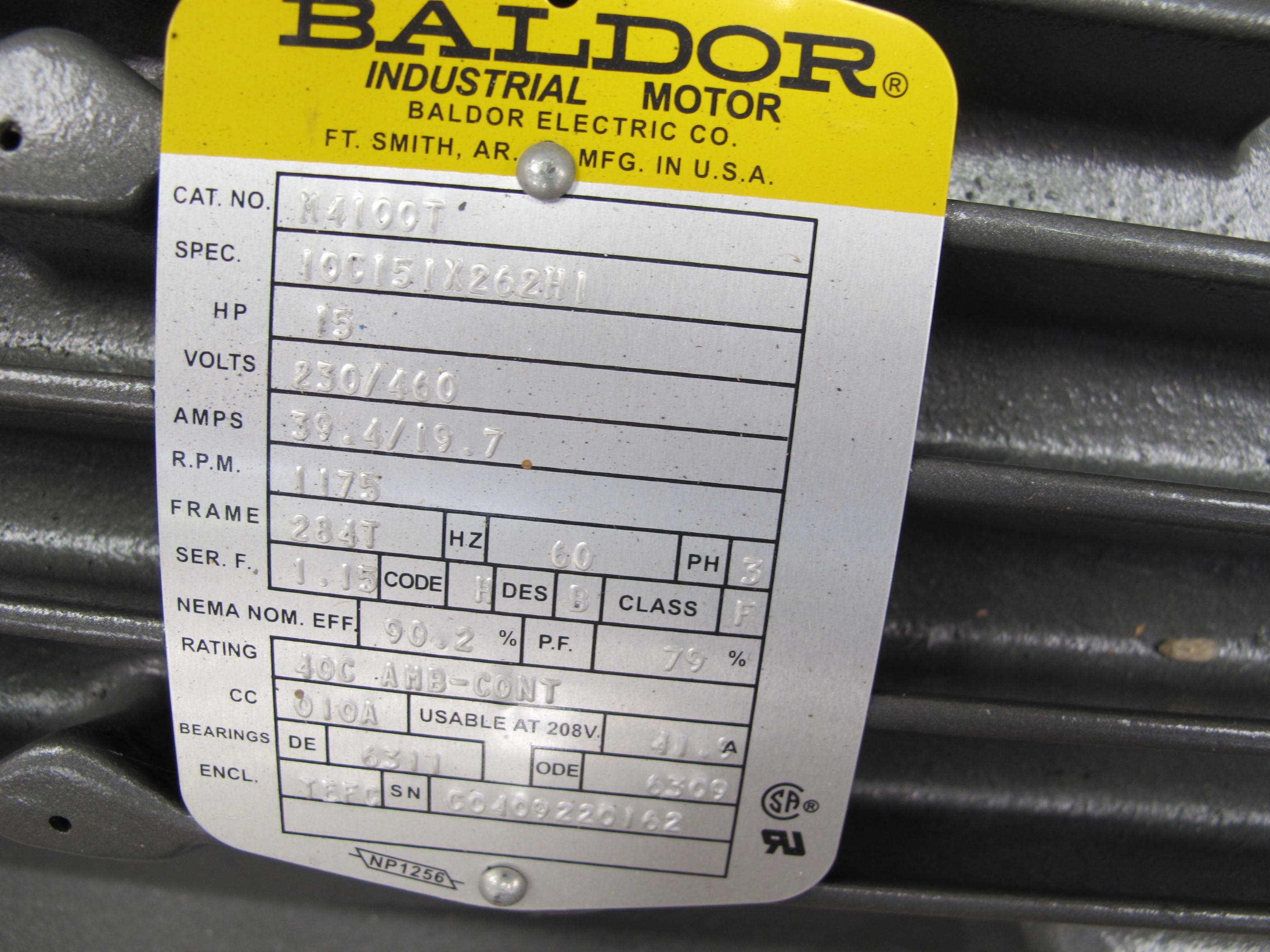 MOTOR, ELECTRIC TYPE, 15 HORSEPOWER, 230/460 ELEC RATING, 1175 RPM, 284T FRAME, 39.4/19.7 AMPS, TEFC ENCLOSURE, 1.15 SERVICE FACTOR. DE BEARING = 6311 ODE BEARING = 6309, PART # M4100T (W-44) LOADING & HANDLING FEE $15-